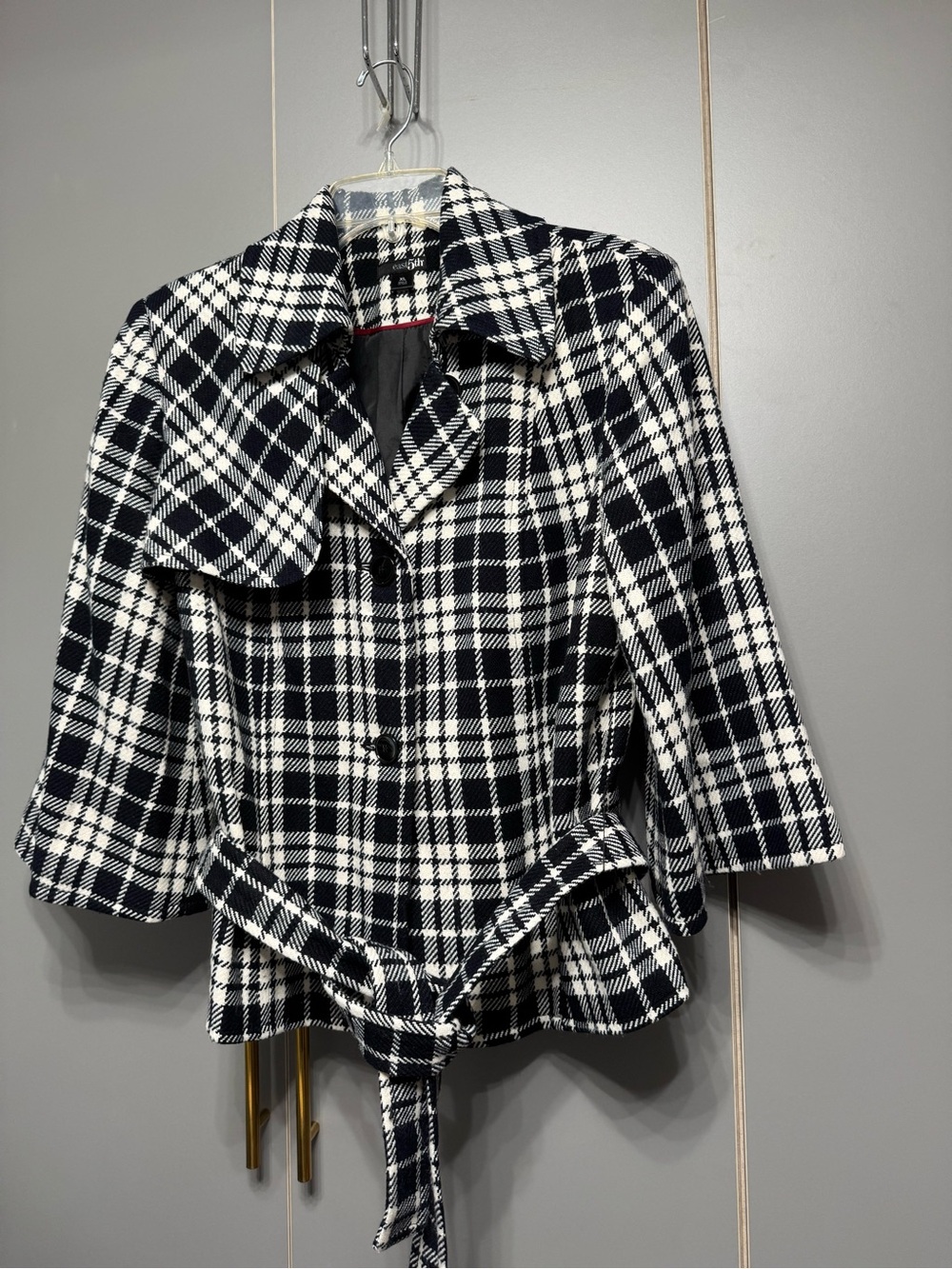 East 5th Black & White Plaid Belted Pea Coat